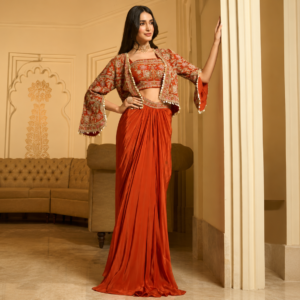 Rust Ember Designer Drape Saree Set