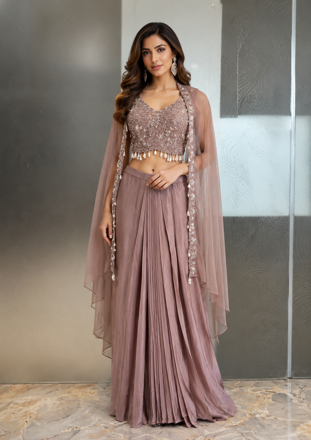 Dusty Rose Embellished Drape Skirt Set