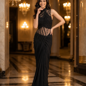 Midnight Glam Beaded Party Saree (Colors Available)