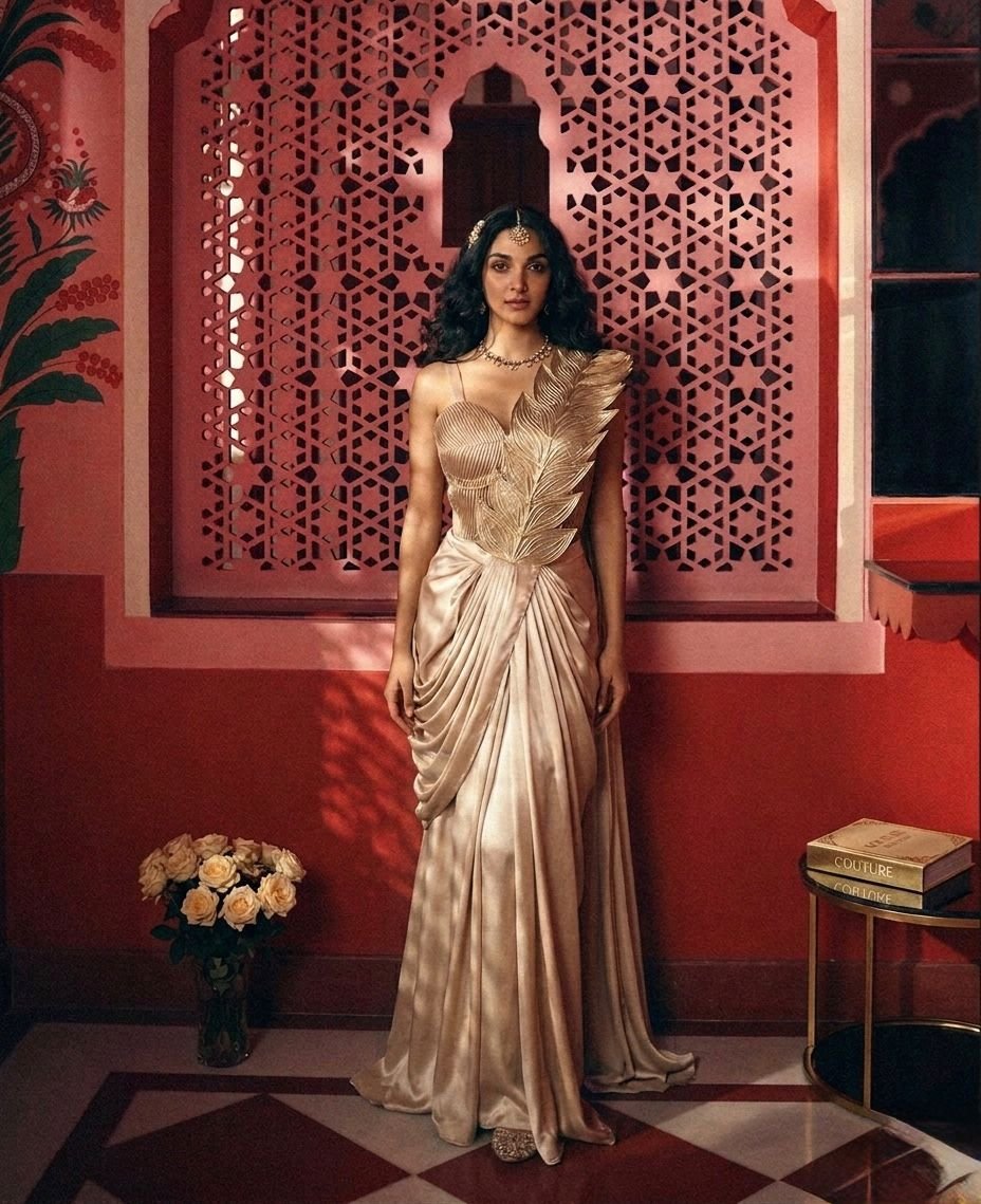 Aurelia Feather Drape Couture Saree Gown