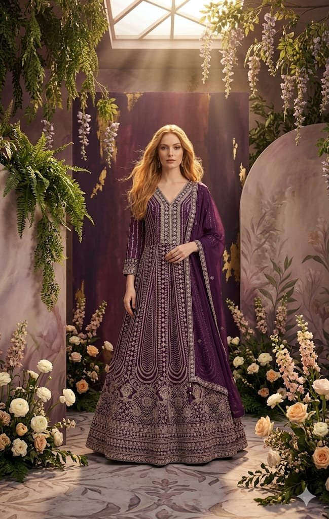 Royal Plum Embroidered Anarkali Set