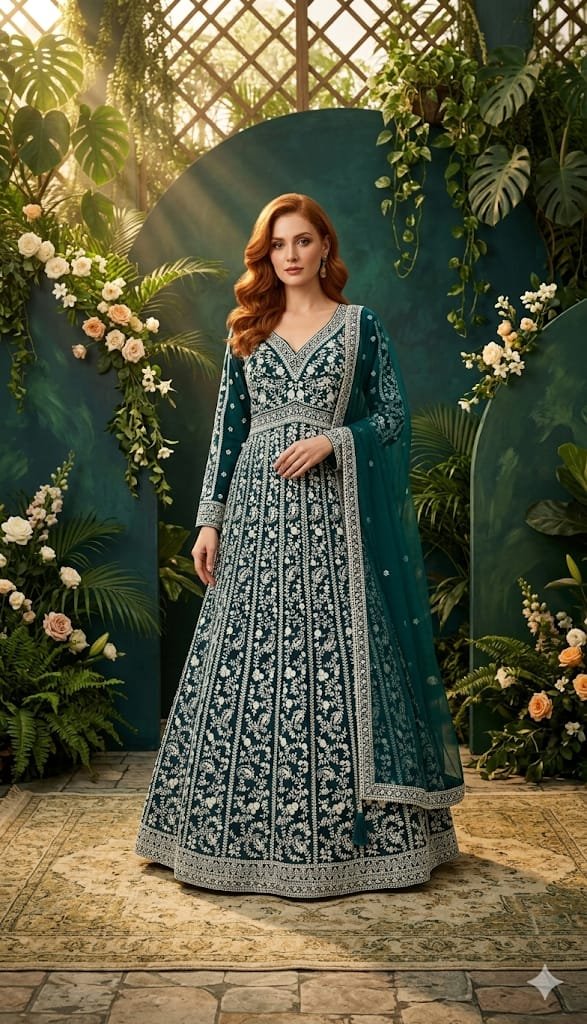 Teal Majesty Embroidered Anarkali Set