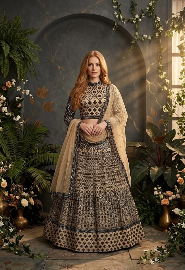 Black & Beige Embroidered Lehenga Set